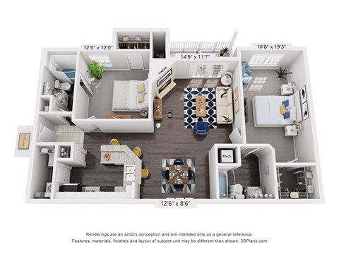 Floor plan for 2 beds, 2 baths, 1210 sqft